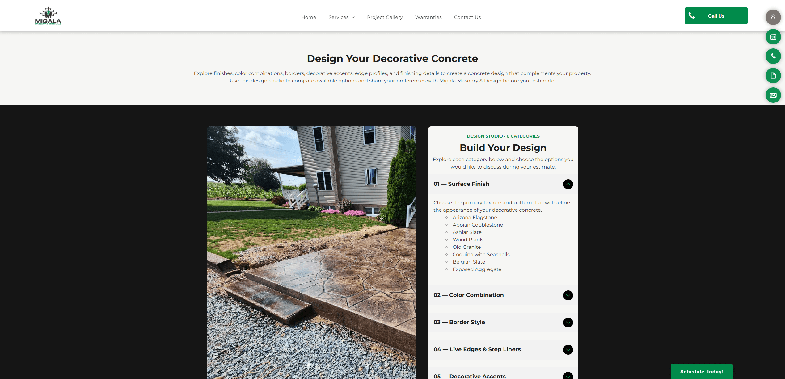 Decorative concrete design page with a large project preview and finish choices