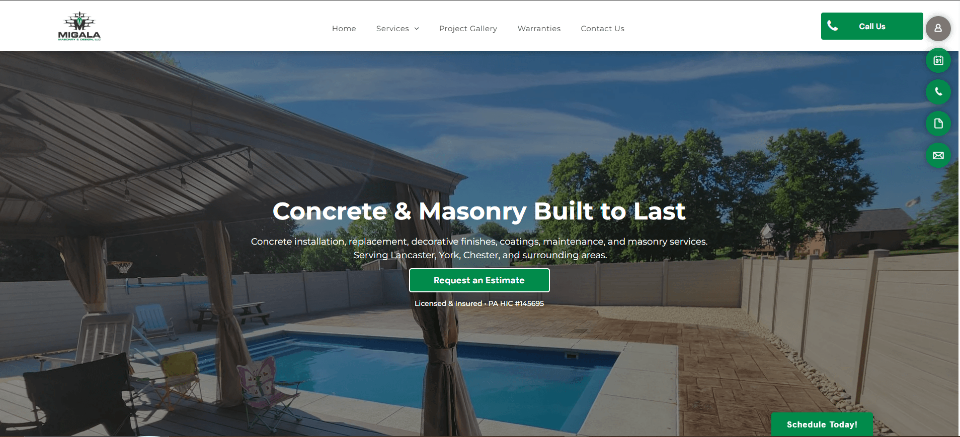 Redesigned masonry contractor homepage