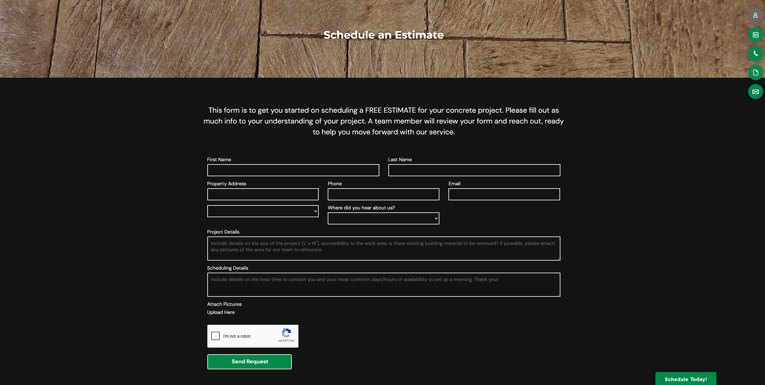 Original contact page with a compact estimate request form