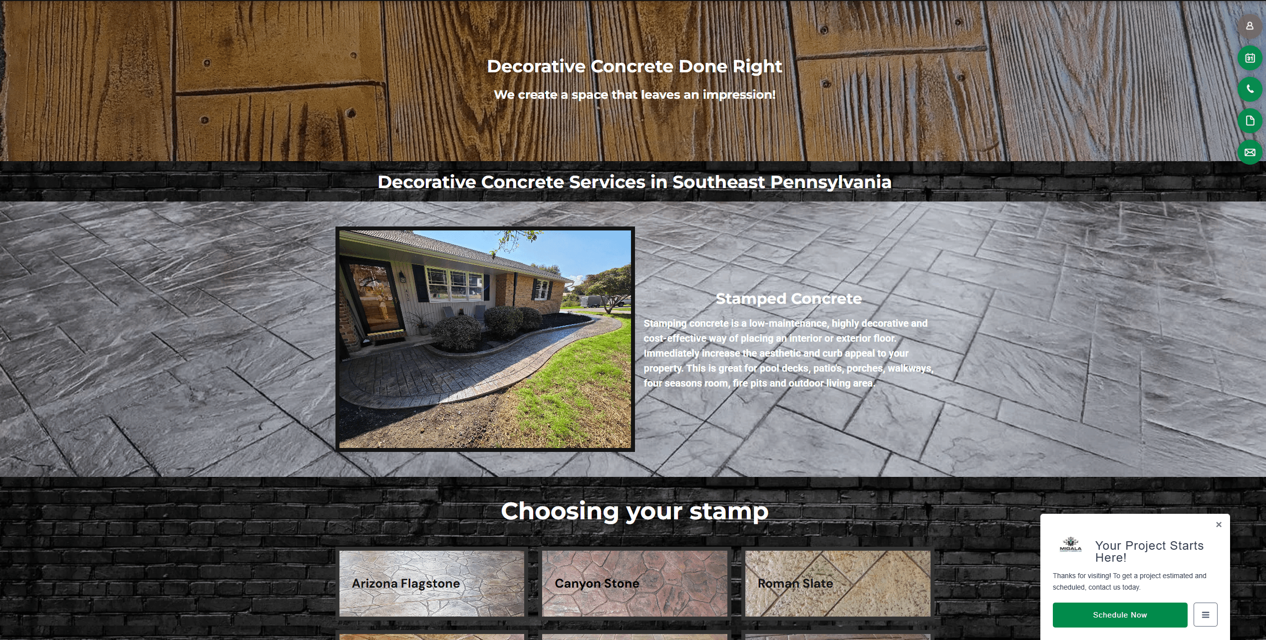 Original decorative concrete page with textured backgrounds and dense service content