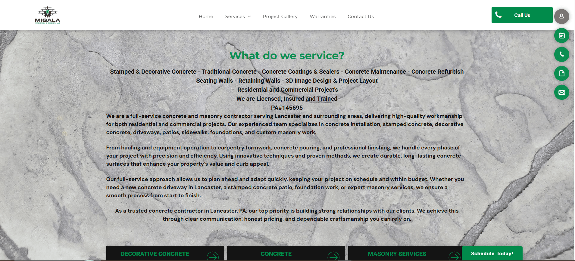 Original masonry contractor homepage with dense centered text over a stone texture