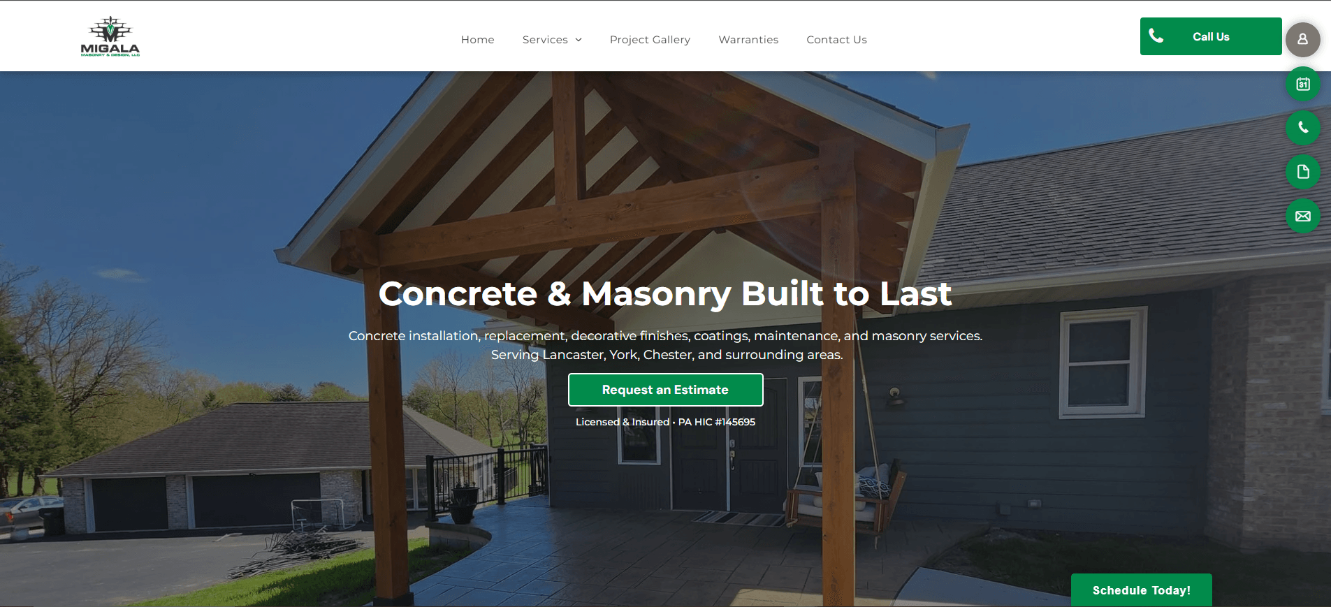 Redesigned concrete and masonry contractor website homepage