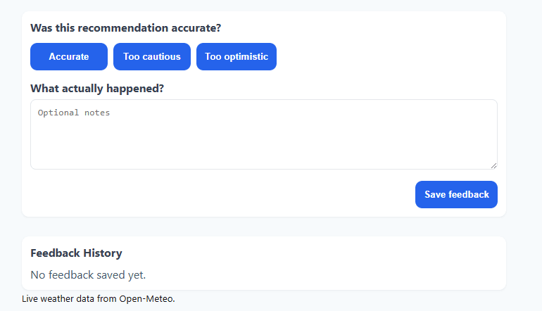 Masonry Weather Planner recommendation feedback form and feedback history